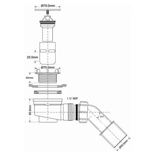 Сифон для душевого поддона D=70 мм 11/2"х40/50 пластик McAlpine MRS5C-SL-65