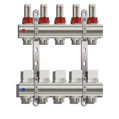 Коллекторная группа для тёплого пола Tim на 5 выходов латунная с расходомерами KD005