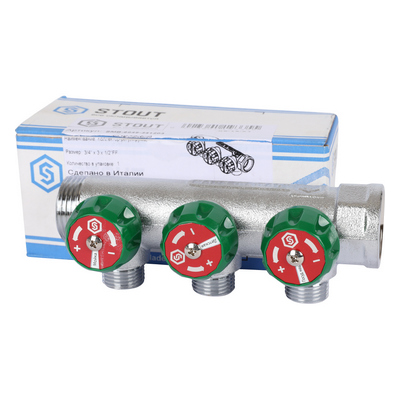 Коллектор Stout 3/4"х1/2" с регулирующими вентилями и плоским уплотнением, Хром