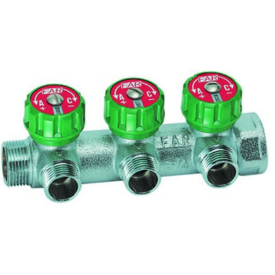 Коллектор FAR 3/4"х1/2" с регулирующими вентилями и вставкой под плоское уплотнение, Хром