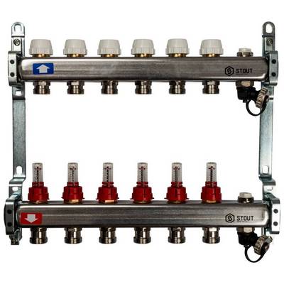 Коллекторная группа для тёплого пола Stout на 6 выходов из нержавеющей стали с расходомерами, воздухоотводчиками и сливом SMS-0927-000006