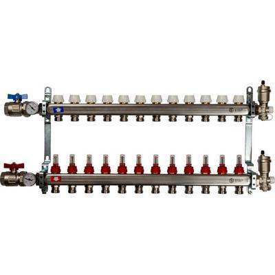 Коллекторная группа для тёплого пола Stout на 12 выходов из нержавеющей стали с расходомерами, кранами, воздухоотводчиками SMS-0907-000012