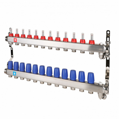 Коллекторная группа для тёплого пола MVI на 12 выходов из нержавеющей стали с расходомерами MS.712.06