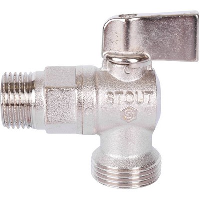 Кран шаровой для с/т приборов латунный угловой НАР-НАР резьба, ручка-флажок, никель Stout