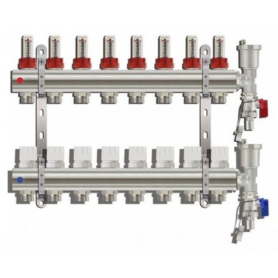 Коллекторная группа для тёплого пола Tim на 8 выходов латунная с расходомерами и воздухоотводчиками KC008