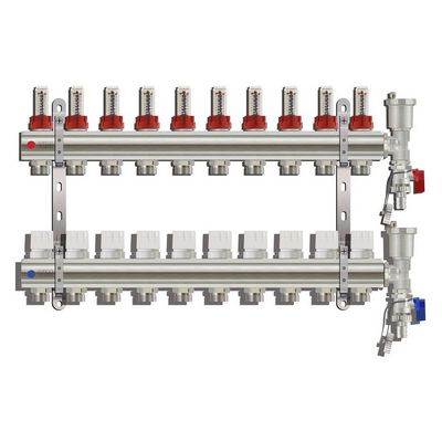 Коллекторная группа для тёплого пола Tim на 10 выходов латунная с расходомерами и воздухоотводчиками KC010