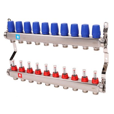 Коллекторная группа для тёплого пола MVI на 10 выходов из нержавеющей стали с расходомерами MS.510.06