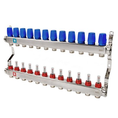 Коллекторная группа для тёплого пола MVI на 12 выходов из нержавеющей стали с расходомерами MS.512.06