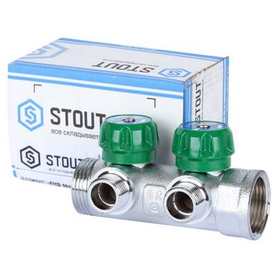 Коллектор Stout 1"х1/2" с регулирующими вентилями и плоским уплотнением, Хром