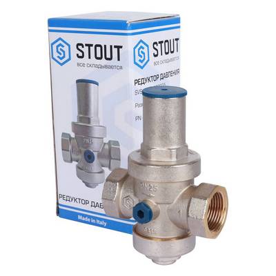 Регулятор давления воды ВВ 1" Ру=1-5,5 бар PN25 поршневой с отводом под манометр Никель Stout SVS-1008-000025
