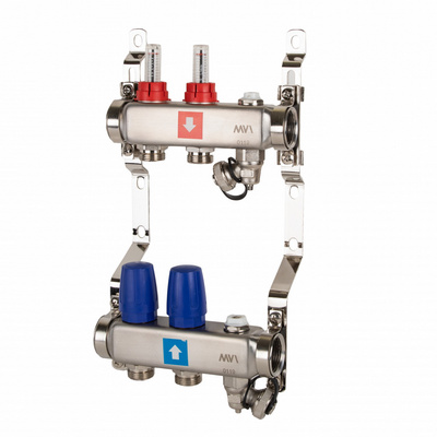 Коллекторная группа для тёплого пола MVI на 2 выхода из нержавеющей стали с расходомерами MS.702.06