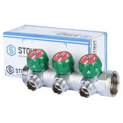 Коллектор Stout 1"х1/2" с регулирующими вентилями и плоским уплотнением, Хром