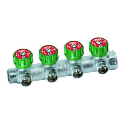 Коллектор FAR 1"х3/4" с регулирующими вентилями и вставкой под плоское уплотнение, Хром