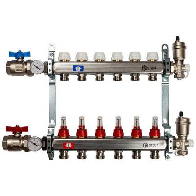 Коллекторная группа для тёплого пола Stout на 6 выходов из нержавеющей стали с расходомерами, кранами, воздухоотводчиками SMS-0907-000006