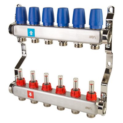 Коллекторная группа для тёплого пола MVI на 6 выходов из нержавеющей стали с расходомерами MS.506.06