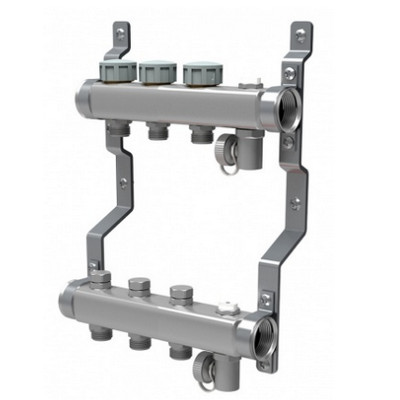 Коллекторная группа для отопления Royal Thermo на 3 выхода из нержавеющей стали с кранами и воздухоотводчиками RTE 51.103