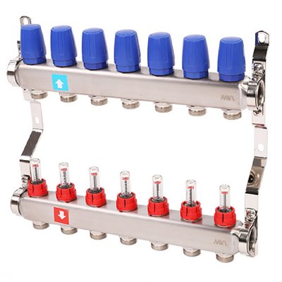Коллекторная группа для тёплого пола MVI на 7 выходов из нержавеющей стали с расходомерами MS.507.06