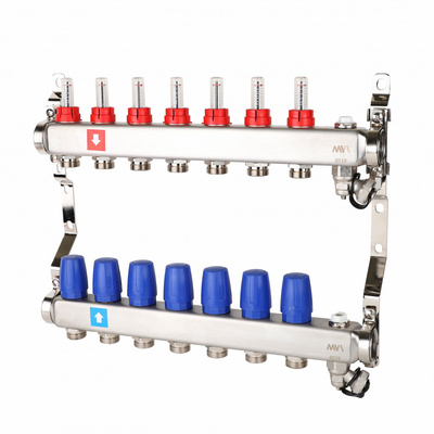 Коллекторная группа для тёплого пола MVI на 7 выходов из нержавеющей стали с расходомерами MS.707.06
