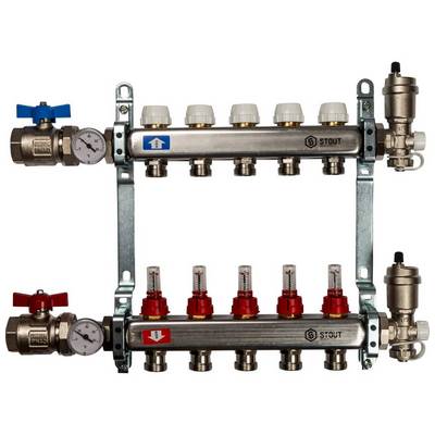 Коллекторная группа для тёплого пола Stout на 5 выходов из нержавеющей стали с расходомерами, кранами, воздухоотводчиками SMS-0907-000005