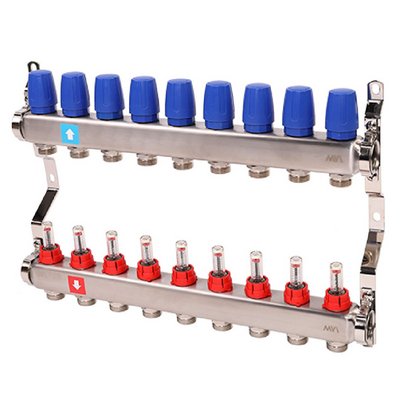 Коллекторная группа для тёплого пола MVI на 9 выходов из нержавеющей стали с расходомерами MS.509.06