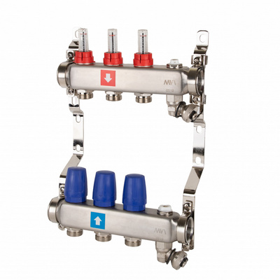 Коллекторная группа для тёплого пола MVI на 3 выхода из нержавеющей стали с расходомерами MS.703.06