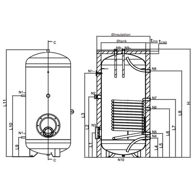 Бойлер косвенного нагрева Elsen EWH02 с возможностью подключения ТЭНа напольный,9 кВт, Класс А