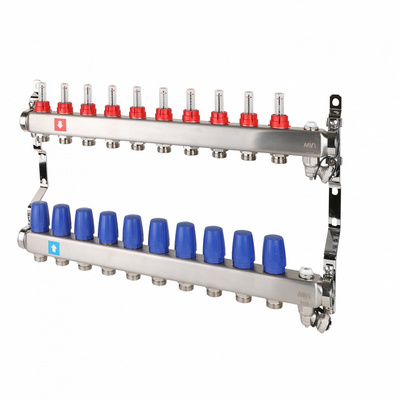 Коллекторная группа для тёплого пола MVI на 10 выходов из нержавеющей стали с расходомерами MS.710.06