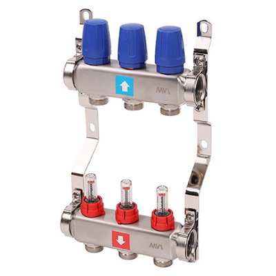Коллекторная группа для тёплого пола MVI на 3 выхода из нержавеющей стали с расходомерами MS.503.06