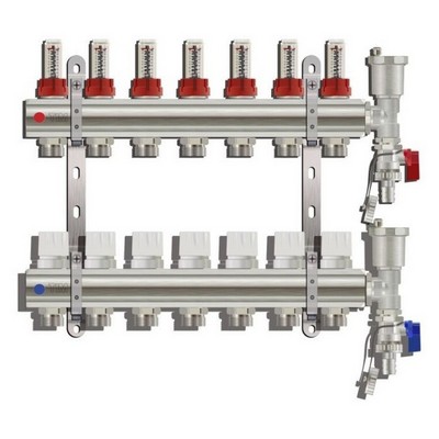 Коллекторная группа для тёплого пола Tim на 7 выходов латунная с расходомерами и воздухоотводчиками KC007
