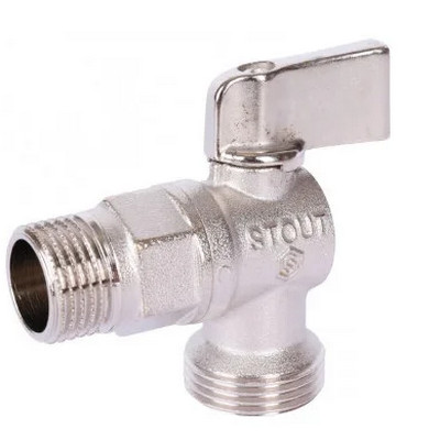 Кран шаровой для с/т приборов латунный угловой НАР-НАР резьба, ручка-флажок, никель Stout