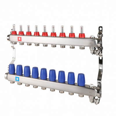 Коллекторная группа для тёплого пола MVI на 9 выходов из нержавеющей стали с расходомерами MS.709.06