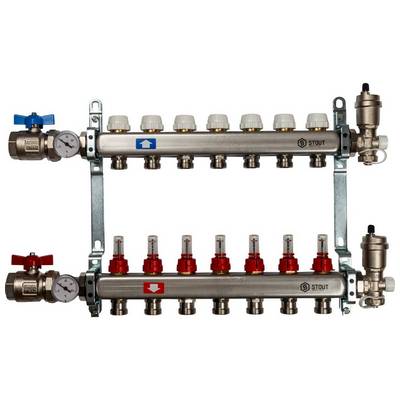 Коллекторная группа для тёплого пола Stout на 7 выходов из нержавеющей стали с расходомерами, кранами, воздухоотводчиками SMS-0907-000007