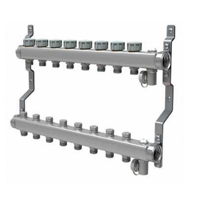 Коллекторная группа для отопления Royal Thermo на 8 выходов из нержавеющей стали с кранами и воздухоотводчиками RTE 51.108