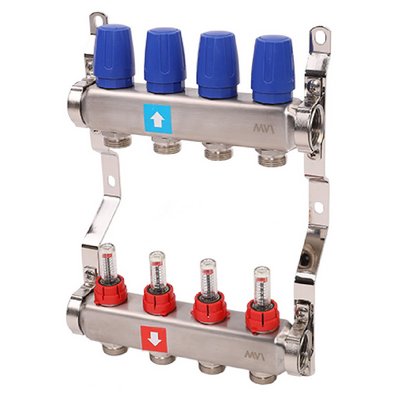 Коллекторная группа для тёплого пола MVI на 4 выхода из нержавеющей стали с расходомерами MS.504.06