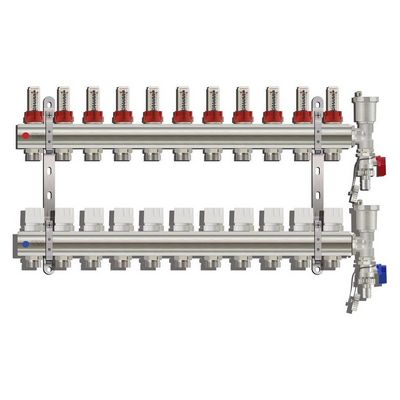 Коллекторная группа для тёплого пола Tim на 11 выходов латунная с расходомерами и воздухоотводчиками KC011