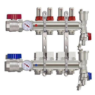 Коллекторная группа для тёплого пола Tim на 4 выхода латунная с расходомерами, кранами, воздухоотводчиками KA004