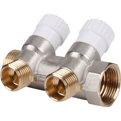 Коллектор Stout 3/4"х1/2" с запорными вентилями, Никель