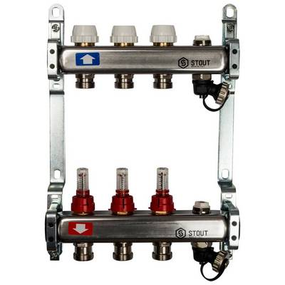 Коллекторная группа для тёплого пола Stout на 3 выхода из нержавеющей стали с расходомерами, воздухоотводчиками и сливом SMS-0927-000003
