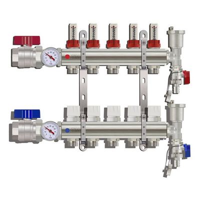 Коллекторная группа для тёплого пола Tim на 5 выходов латунная с расходомерами, кранами, воздухоотводчиками KA005