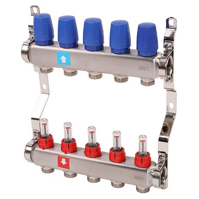 Коллекторная группа для тёплого пола MVI на 5 выходов из нержавеющей стали с расходомерами MS.505.06