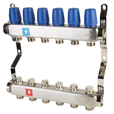 Коллекторная группа для отопления MVI на 6 выходов из нержавеющей стали MS.406.06