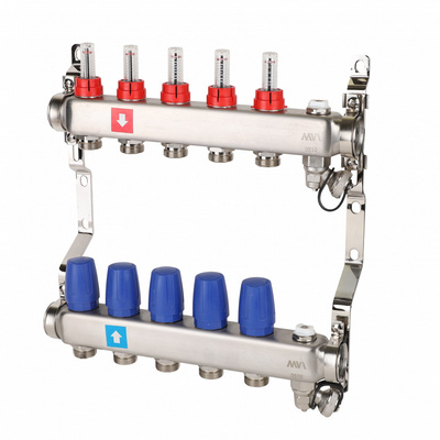 Коллекторная группа для тёплого пола MVI на 5 выходов из нержавеющей стали с расходомерами MS.705.06