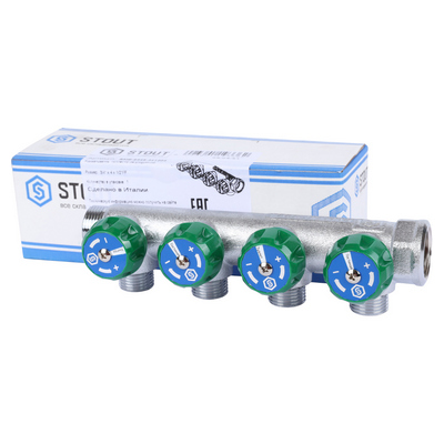 Коллектор Stout 3/4"х1/2" с регулирующими вентилями и плоским уплотнением, Хром