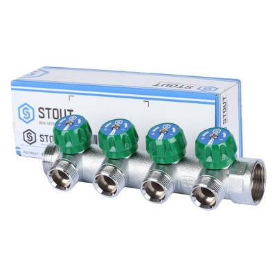 Коллектор Stout 1"х3/4" ЕК с регулирующими вентилями, Хром