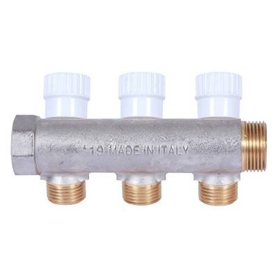 Коллектор Stout 3/4"х1/2" с запорными вентилями и плоским уплотнением, Никель