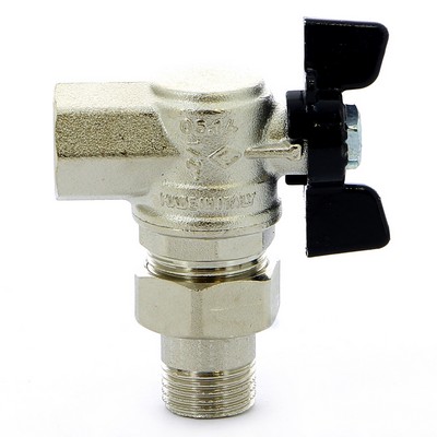 Кран шаровой латунный с американкой угловой, ручка-бабочка, усиленный, никель Bugatti Oregon