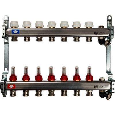 Коллекторная группа для тёплого пола Stout на 7 выходов из нержавеющей стали с расходомерами, воздухоотводчиками и сливом SMS-0927-000007