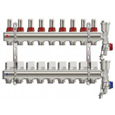 Коллекторная группа для тёплого пола Tim на 9 выходов латунная с расходомерами и воздухоотводчиками KC009