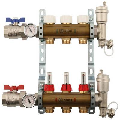 Коллекторная группа для тёплого пола Stout на 3 выхода латунная с расходомерами, кранами, воздухоотводчиками SMB-0473-000003
