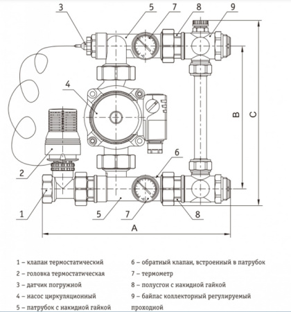 Смесительный узел для тёплого пола 20-60 °C (без насоса), латунь никелированная Tim JH-1032